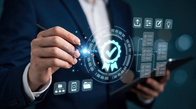 Professional marketer presenting quality assurance standards, compliance certification, and digital audit checklists through an interactive interface to streamline efficient enterprise workflows.