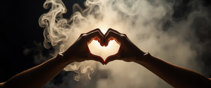 Silhouetted hands casting layered shadow on wall of steam for love blogs, Valentine postcards, and conceptual photography