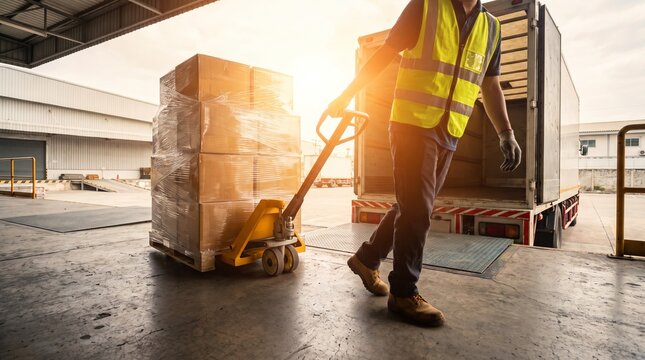 Warehouse worker moving boxes with a manual pallet jack in a logistics center