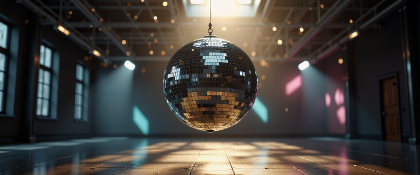 Spinning disco ball projecting moving reflections on walls and ceiling for party invitations, nightclub websites, and event postcards