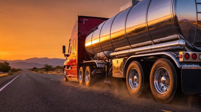 Red Tanker Truck Traveling on an Empty Highway During a Scenic Golden Sunset