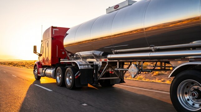 Tanker truck hauling fuel along highway during sunset with desert landscape background