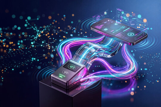 Futuristic Contactless Payment Concept with Floating Smartphone, POS Terminal, and Fiber Light Waves