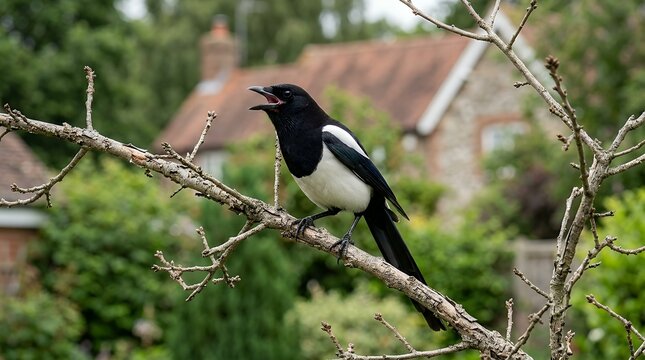Single wild magpie bird perching on dry tree branch opening beak to sing or call in natural garden backyard setting with blurred residential rooftop architecture background wildlife photography