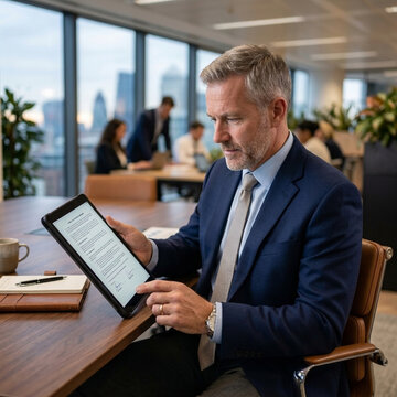 Businessman reviewing document on tablet in modern office with city view
