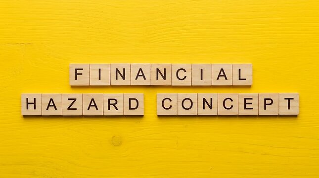 Wooden alphabet tiles spelling out financial hazard concept arranged flat lay style over bright yellow surface wooden pieces words game forming risk yellow background finance alphabet letters tiles