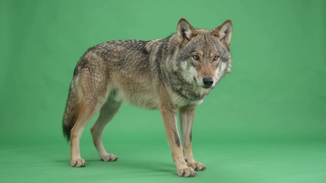 A full-body gray wolf stands against a green studio background. The predator cautiously looks around and attentively gazes into the camera