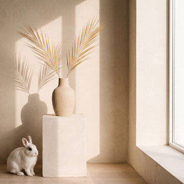 Minimalist bright room with a rabbit