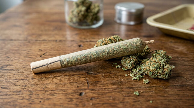 Cannabis joint and marijuana buds on wooden table medical marijuana and recreational use
