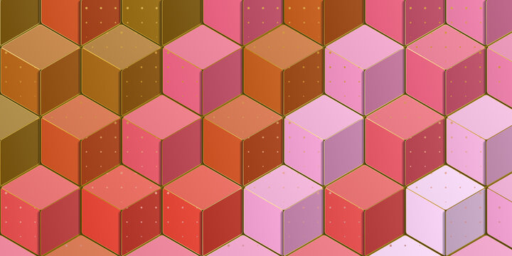 Isometric cube pattern features a repeating geometric design in shades of pink and gold