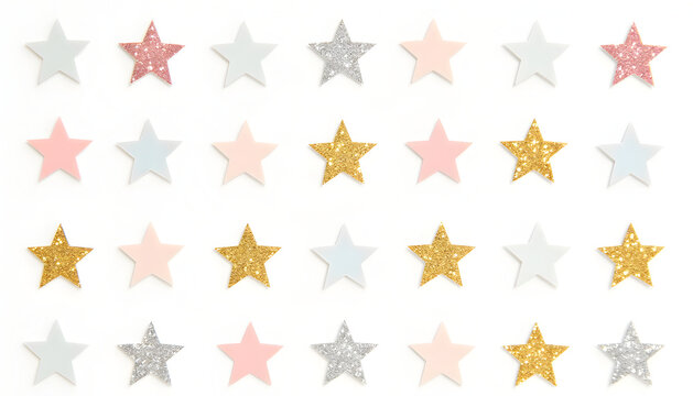 Assorted glitter stars arranged on a white background