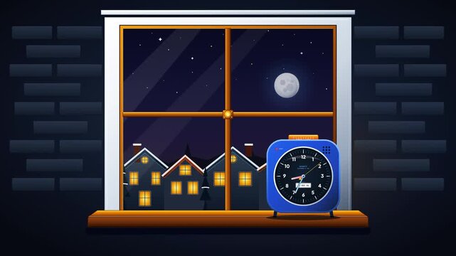 Cinematic 3D vector animation of New Year's Eve passing of the day from sunny afternoon to midnight celebration seen through a panoramic rectangular loft window, featuring a retro 90s Bauhaus quartz