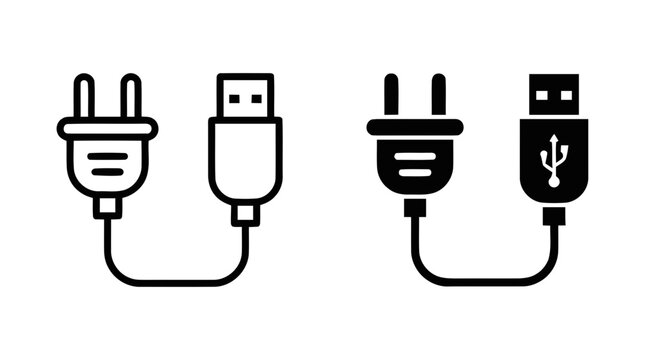 Vector illustration of set of power plug and usb cable icons on a transparent background