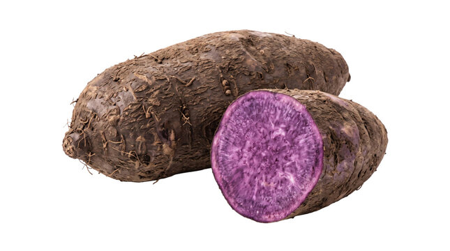 Whole and sliced purple yam on a transparent background