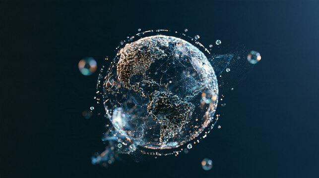 surreal visualization of a connected digital world, sculptural globe made from luminous network lines, floating transparent data nodes and flowing light pathways, dark blue gradient background,