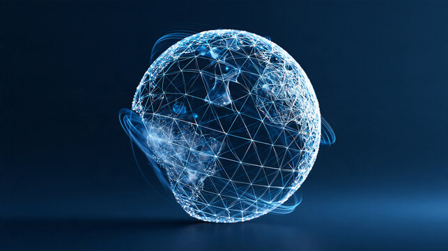 surreal visualization of a connected digital world, sculptural globe made from luminous network lines, floating transparent data nodes and flowing light pathways, dark blue gradient background,