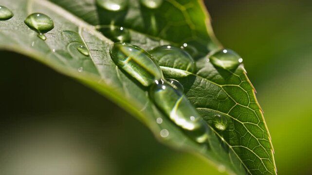 Slow motion tracking shot of water droplets sliding along green leaf in garden during morning sunlight