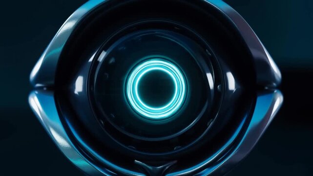Slow motion tracking zoom of robotic eye rotating neon rings in dark futuristic studio closeup
