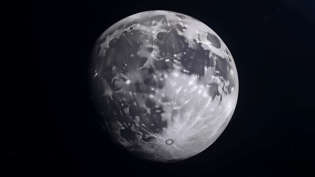 Slow motion tracking shot of moon rotating and drifting in space with subtle zoom toward cratered lunar surface against dark starry background