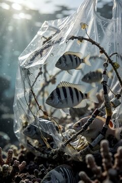 Ocean Plastic Pollution: Fish Trapped in Plastic Bag and Marine Debris