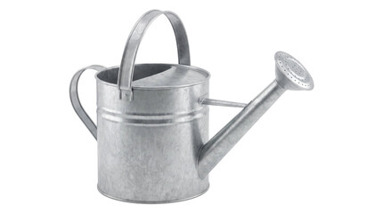 Silver metal watering can with top handle and long spout on a transparent background © OpaDesign