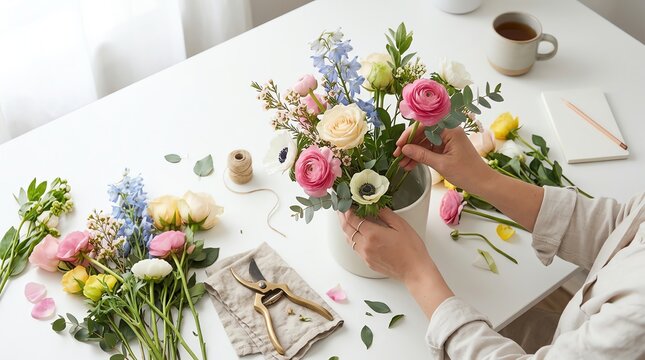 Woman arranging a beautiful bouquet of mixed flowers in a vase