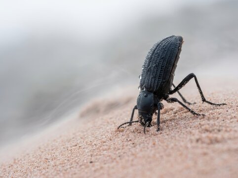 Desert beetle crawling across soft sand in macro close up