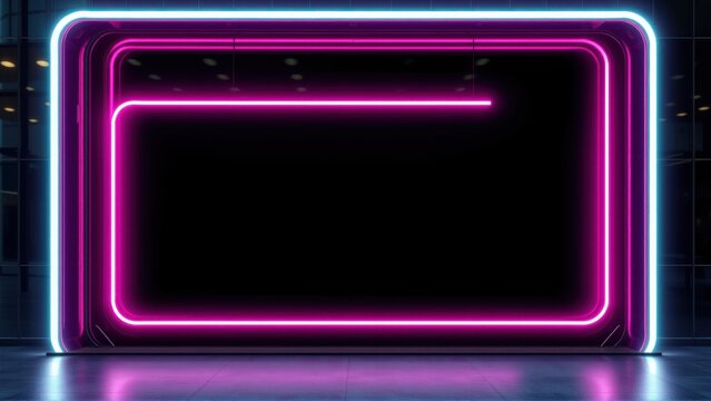 Empty neon frame dominates dark room. Blue outer glow, pink inner rectangle. Reflective floor enhances futuristic vibe.