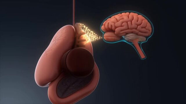 Slow tracking shot of inner ear transmitting neural signals to brain auditory cortex in anatomical medical illustration studio