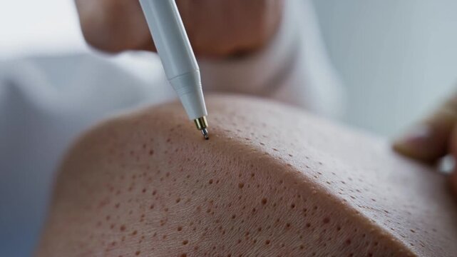 Slow motion tracking close up of pen device probing facial skin pores during dermatology treatment in clinic room
