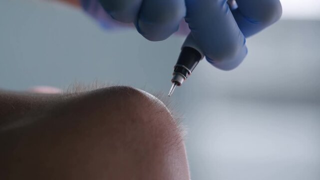 Tracking slow motion close up of medical professional inserting needle into patient knee in clinical treatment room