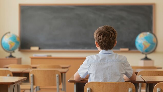 Young Student Sitting at School Desk Facing Empty Blackboard in Classroom with Globes on Sides during Morning Lesson with Soft Natural Lighting