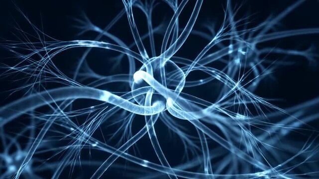 Slow motion tracking shot of neural fiber network pulsing and intertwining in dark scientific simulation