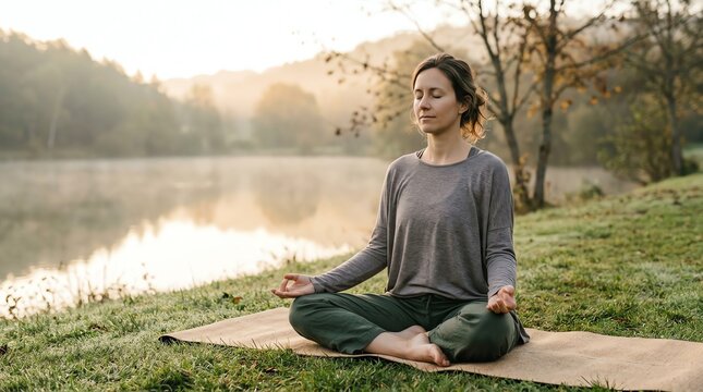 Woman Meditating Outdoors by a Lake at Sunrise