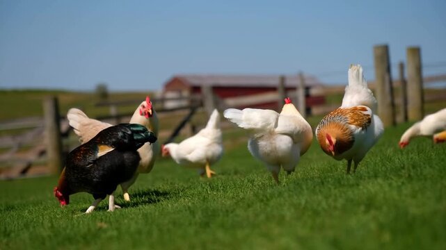Tracking shot of chickens foraging and pecking on grassy farm pasture with barn in background during sunny afternoon