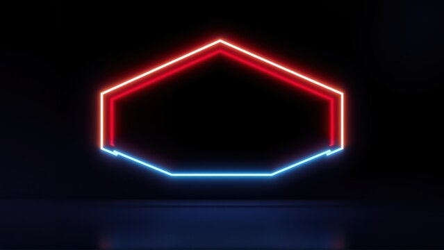 Neon hexagon frame glows brightly against dark background. Red outer layer, blue inner outline creates striking visual effect.