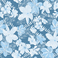 Watercolor seamless blue floral pattern with blooming flowers and palm leaves. Botanical repeat background   © AineGing