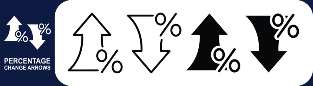 Percentage change, discount rates and price reduction arrows icon set.