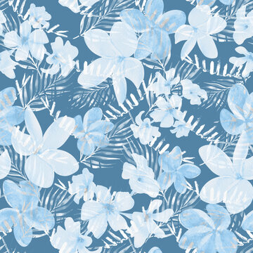 Watercolor seamless blue floral pattern with blooming flowers and palm leaves. Botanical repeat background  