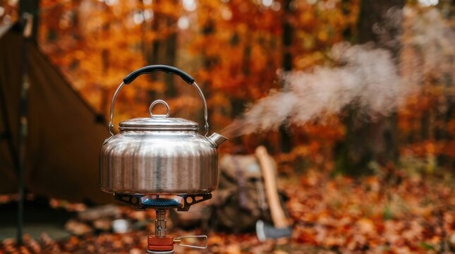 A steaming kettle sits on a portable stove in a forest clearing during autumn. Leaves in vibrant orange and yellow hues surround a tent and an axe, suggesting a camping trip.