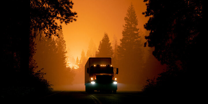 A large semi-truck driving through a forest at dusk, illuminated by its headlights and a hazy orange glow. The trees are silhouetted against the warm, atmospheric light