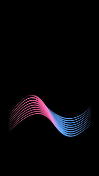 A sleek, undulating wave composed of numerous fine lines transitions from pink to blue, set against a stark black background. This abstract visual evokes movement and fluidity