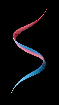 A graceful, swirling ribbon with gradient colors, featuring pink and blue hues against a stark black background, creating an abstract, dynamic form