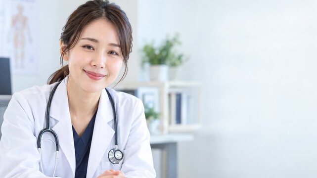 Japanese female doctor listening attentively and nodding as if on a video call, copy space