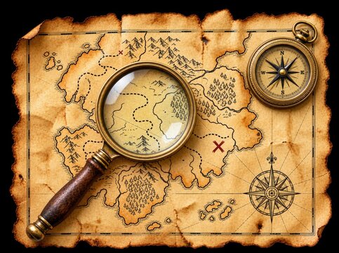 Vintage treasure map with magnifying glass and compass on transparent background