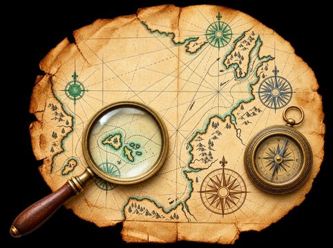 Vintage nautical map with compass and magnifier on transparent background