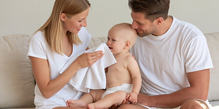 A loving family with a baby, mother cleaning the baby with a cloth while father kisses the baby's head