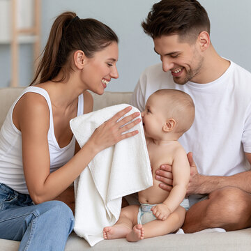 A loving couple gently caring for their adorable baby. The mother is holding a white towel, and the father is embracing the child. They are all smiling affectionately
