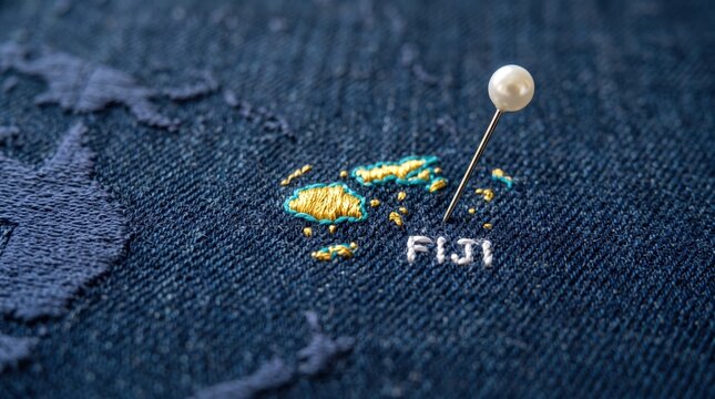 Sewing pin marking Fiji on a dark blue fabric map representing travel and global exploration