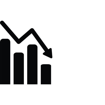 Bar chart icon with a downward trend arrow indicating a decline or financial loss, vector illustration